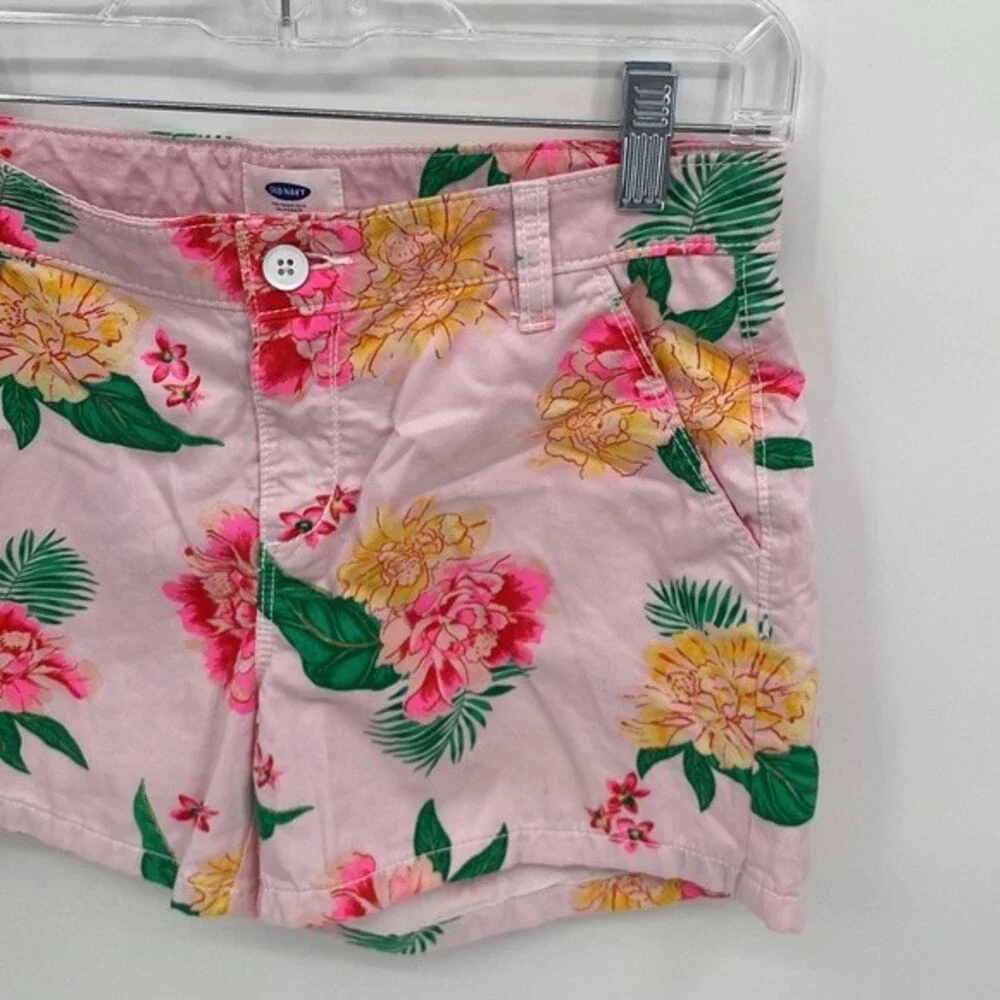 Old Navy Printed Chino Pink Green Floral Adjustable Waist Shorts Girls 16